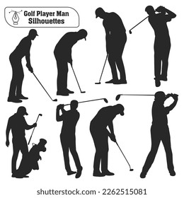 Vector collection of golf player male silhouettes in different poses