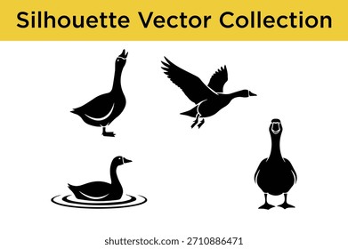 Vector colección de siluetas de ganso en varias poses: volando, nadando y de pie. Ideal para diseños de vida silvestre y naturaleza.