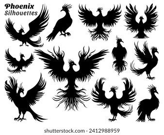 Vector collection of graceful phoenix silhouettes.