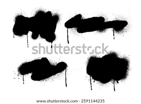 Vector collection of graffiti, ink stains and strokes with splashes and drips. Urban street grunge. Dirty spots. Airbrush paint. Artistic expression. Isolated background. Illustration.