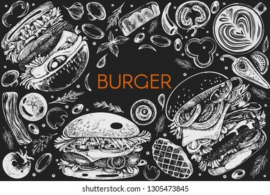 Vector collection with graphic burgers on the black background