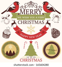 Vector collection of graphic elements for Christmas and New year's design in retro colors.