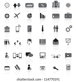 vector collection of gray and black business icons (silhouettes) with reflection on white background