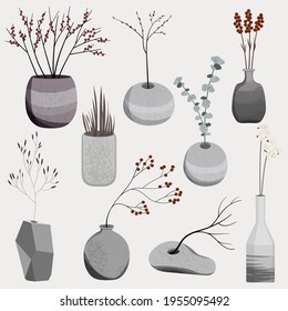 Vector collection of gray vases with different plants. Hand drawn set of stylish vases with branches, twigs, berries and other plants. Stylish flat elements for your desing isolated on white backgroun
