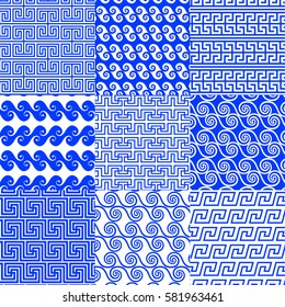 The vector collection of Greek traditional ethnic and modern seamless patterns for decoration background, textile, fashion design. Set of geometric ornaments in blue and white colors