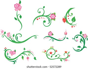Vector collection of green branches with flowers. First pack.