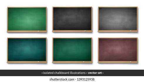 Vector collection of green, brown and black horizontal chalkboards with wooden frames with piece of chalk and shadow isolated on white background.