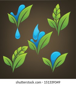 vector collection of green leaves and blue water drops on dark brown background
