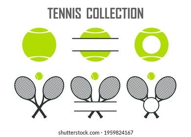Vector collection of green tennis balls and tennis racket Leave space for adding text.