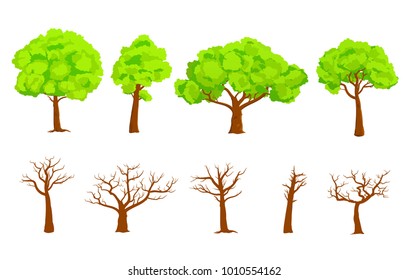 Vector collection of green trees and flat bare trees vector illustration set on white background