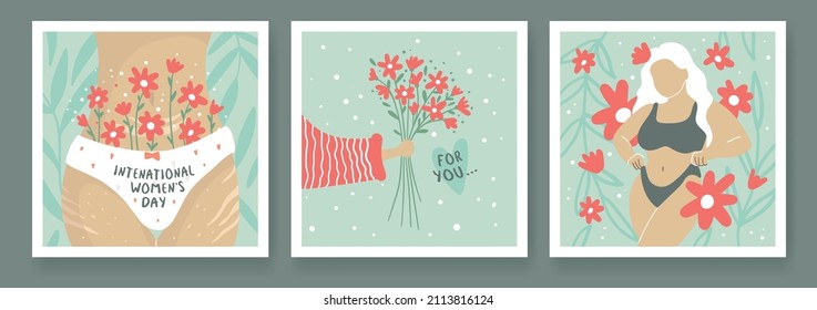 Vector Collection of greeting card or postcard templates with flower bouquet, women, feminism activists and Happy Women's Day wish. Modern festive vector illustration for 8 March celebration.