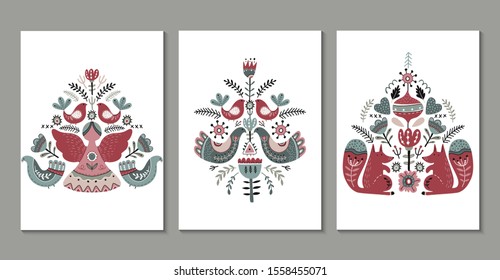 Vector collection greeting cards  posters in scandinavian style  Beautiful northern ornament and angel  squirrels  birds  flowers  Set templates for Christmas design