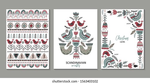 Vector collection of greeting cards, posters in scandinavian style. Beautiful northern ornament with birds, flowers, plants. Set of templates for Christmas design