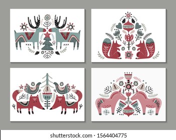 Vector collection of greeting cards, posters in scandinavian style. Beautiful northern ornament with animals, birds, flowers, plants. Set of templates for Christmas design