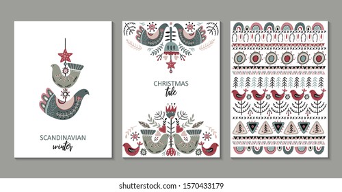 Vector collection of greeting cards, posters in scandinavian style. Beautiful northern ornament with birds, flowers, plants. Set of templates for Christmas design