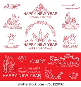 Vector collection of greeting labels, signs, tags for winter decoration. Caption for Christmas, happy New Year, Holly Jolly, 2018 year. Lovely winter arts, snowmen, gnomes, cute arrows, presents