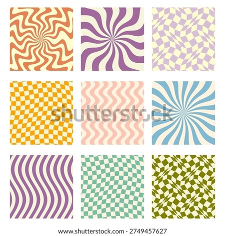 Vector collection of groovy 70s psychedelic backgrounds with wavy shapes, twisted checkerboards, swirl patterns and retro sunburst rays.