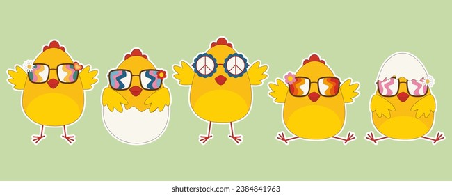 Vector collection of groovy easter chicks. Trendy retro 60s, 70s.Vector illustration for design or print