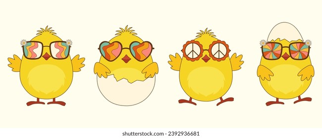 Vector collection of groovy easter chicks. Trendy retro 60s, 70s.Vector illustration for design or print