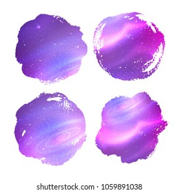 Vector collection of grunge hand drawn circle banners with ultraviolet outer space inside.