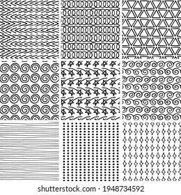 Colección vectorial de ornamentos con textura gruesa y jagados dibujados con tinta negra. Grupo de patrones de boceto simple e interminable para diseño de tarjetas, afiches, envoltura, impresión en papel, textiles, papel tapiz