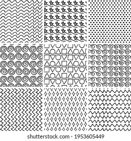 Colección vectorial de ornamentos gruesos texturados en bruto dibujados con tinta negra. Sencillas plantillas de patrones interminables de boceto sin fisuras para diseño de tarjetas, afiches, envoltura, impresión en papel, textil, papel tapiz