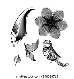 Vector collection of guilloche graphics, outline drawings of wildlife elements isolated on white.