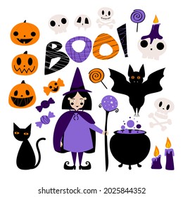 Vector collection of Halloween elements. Flat illustrations set witch with a magic ball, black cats, skulls, pumpkin, ghosts, bat, candy, candles isolated on a white background.