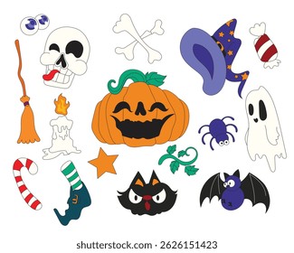 Coleção vetorial de elementos de Halloween em estilo desenhado à mão. Inclui fantasmas, abóboras, morcegos, crânios e ícones assustadores. Ideal para projetos de design sazonais e decorações.