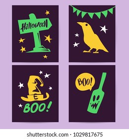 Vector collection of Halloween flat celebration cards, flayers with funny animals, traditional halloween elements and spooky party symbols isolated on black, colored background. Banner, poster design