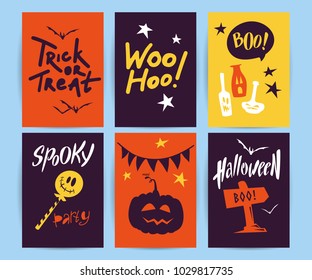 Vector collection of Halloween flat celebration cards, flayers with funny animals, traditional halloween elements and spooky party symbols isolated on black, colored background. Banner, poster design