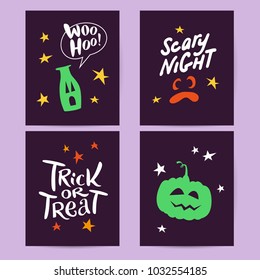 Vector collection of Halloween flat celebration cards, flayers with funny animals, traditional halloween elements and spooky party symbols isolated on black, colored background. Banner, poster design