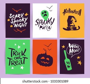 Vector collection of Halloween flat celebration cards, flayers with funny animals, traditional halloween elements and spooky party symbols isolated on black, colored background. Banner, poster design