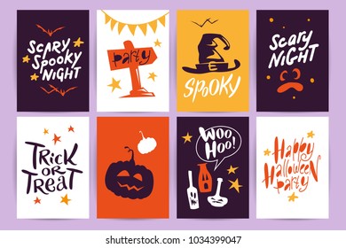 Vector collection of Halloween flat celebration cards, flayers with funny animals, traditional halloween elements and spooky party symbols isolated on black, colored background. Banner, poster design