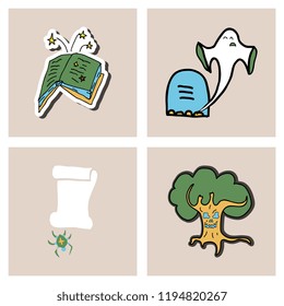 Vector collection of Halloween flat celebration cards, flayers with funny , traditional halloween elements and spooky party symbols isolated on colored background. Banner, poster design