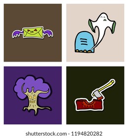 Vector collection of Halloween flat celebration cards, flayers with funny , traditional halloween elements and spooky party symbols isolated on colored background. Banner, poster design