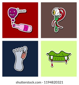 Vector collection of Halloween flat celebration cards, flayers with funny , traditional halloween elements and spooky party symbols isolated on colored background. Banner, poster design