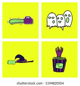 Vector collection of Halloween flat celebration cards, flayers with funny , traditional halloween elements and spooky party symbols isolated on colored background. Banner, poster design