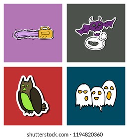 Vector collection of Halloween flat celebration cards, flayers with funny , traditional halloween elements and spooky party symbols isolated on colored background. Banner, poster design