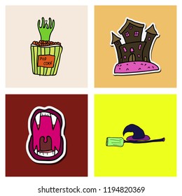 Vector collection of Halloween flat celebration cards, flayers with funny , traditional halloween elements and spooky party symbols isolated on colored background. Banner, poster design