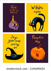 Vector collection of Halloween flat celebration cards, flayers with funny animals, traditional halloween elements and spooky party symbols isolated on darck, colored background.