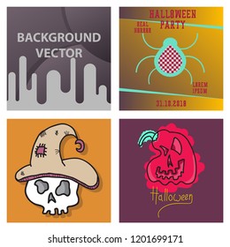 Vector collection of Halloween flat celebration cards, flayers with funny , traditional halloween elements and spooky party symbols isolated on colored background. Banner, poster design