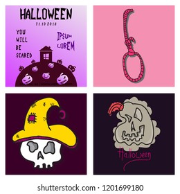 Vector collection of Halloween flat celebration cards, flayers with funny , traditional halloween elements and spooky party symbols isolated on colored background. Banner, poster design