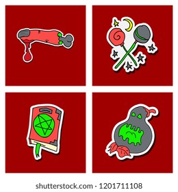 Vector collection of Halloween flat celebration cards, flayers with funny , traditional halloween elements and spooky party symbols isolated on colored background. Banner, poster design