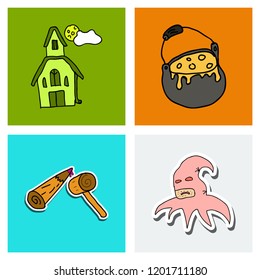 Vector collection of Halloween flat celebration cards, flayers with funny , traditional halloween elements and spooky party symbols isolated on colored background. Banner, poster design
