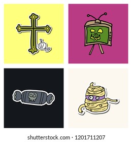 Vector collection of Halloween flat celebration cards, flayers with funny , traditional halloween elements and spooky party symbols isolated on colored background. Banner, poster design