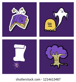 Vector collection of Halloween flat celebration cards, flayers with funny , traditional halloween elements and spooky party symbols isolated on colored background. Banner, poster design