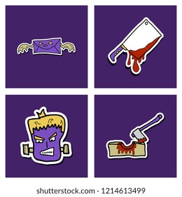 Vector collection of Halloween flat celebration cards, flayers with funny , traditional halloween elements and spooky party symbols isolated on colored background. Banner, poster design