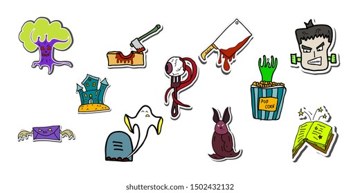 Vector collection of Halloween flat  elements and spooky party symbols isolated on colored background. 