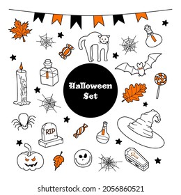 Vector collection of Halloween linear bicolor doodle. A set of hand-drawn cat, a coffin, grave, candles, potions, witch hat, leaves, spiders, bat, web. Isolated icons on a white background.